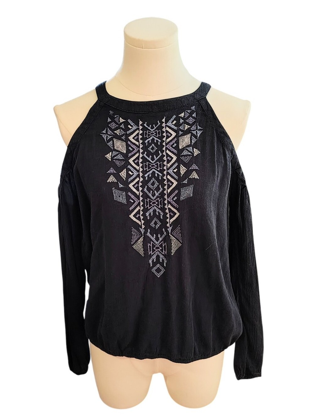 Vintage Hollister Cold Shoulder Navy Blue Embroidered Blouse Size Medium